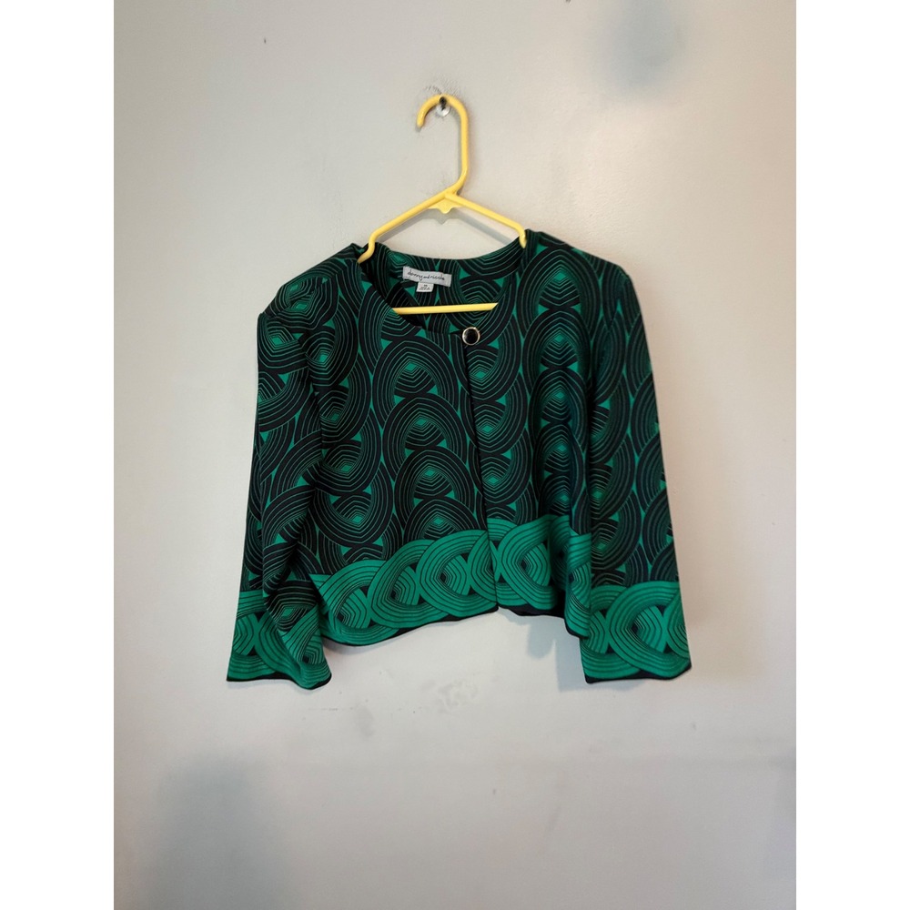Danny and Nicole Green Black Geometric Print Cropped Open Front Jacket Size 16